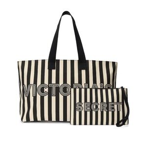 Victoria’s Secret Graphic Black Cream Stripe Cotton Tote & Wristlet Pouch Set